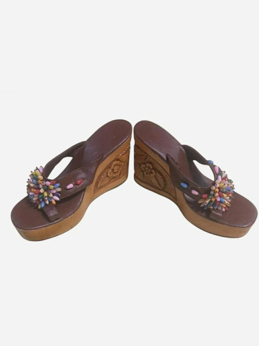Women’s Brown Beaded Wedge Sandals